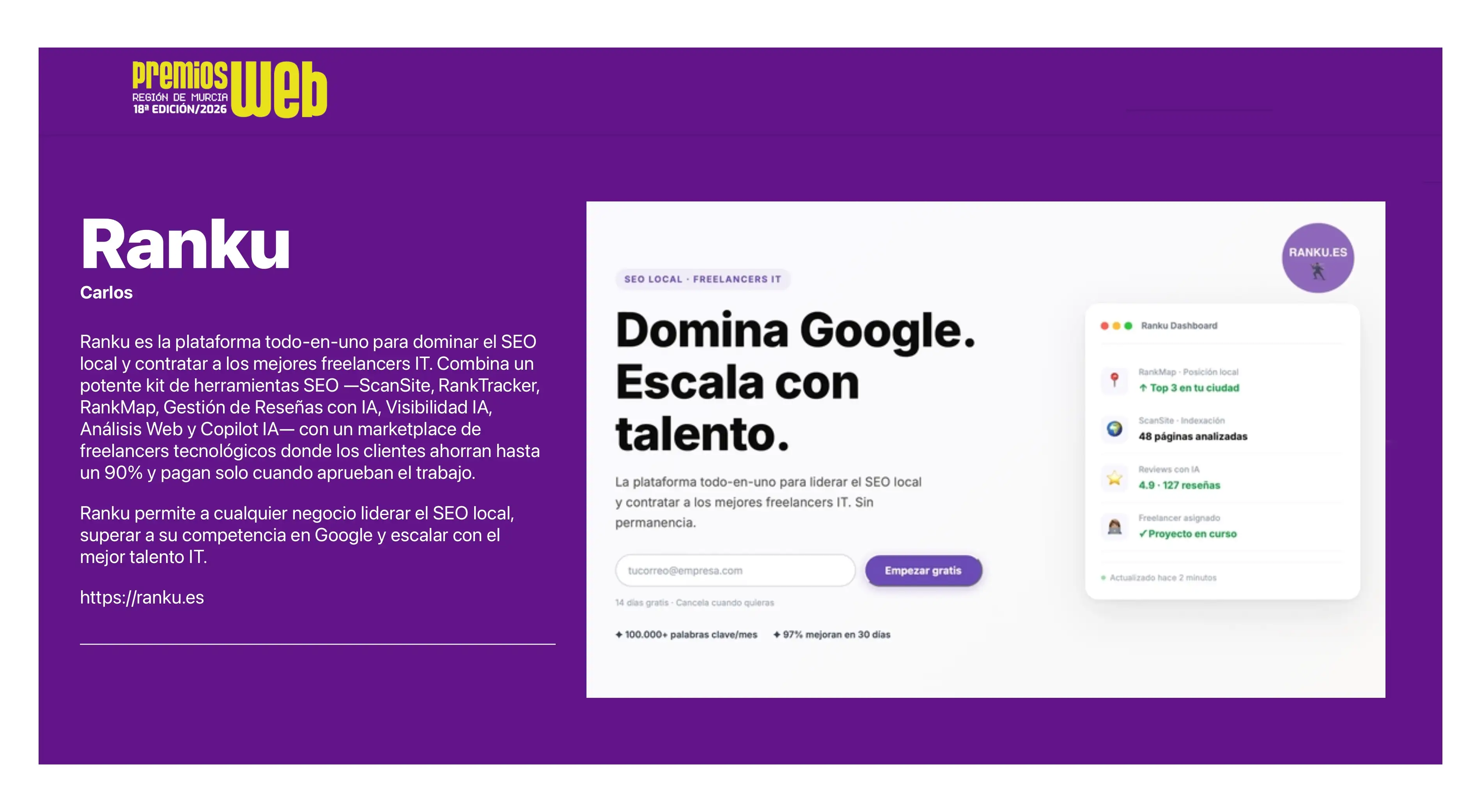 Ranku, en los Premios Web La Verdad 2026: el SEO local murciano tiene nombre