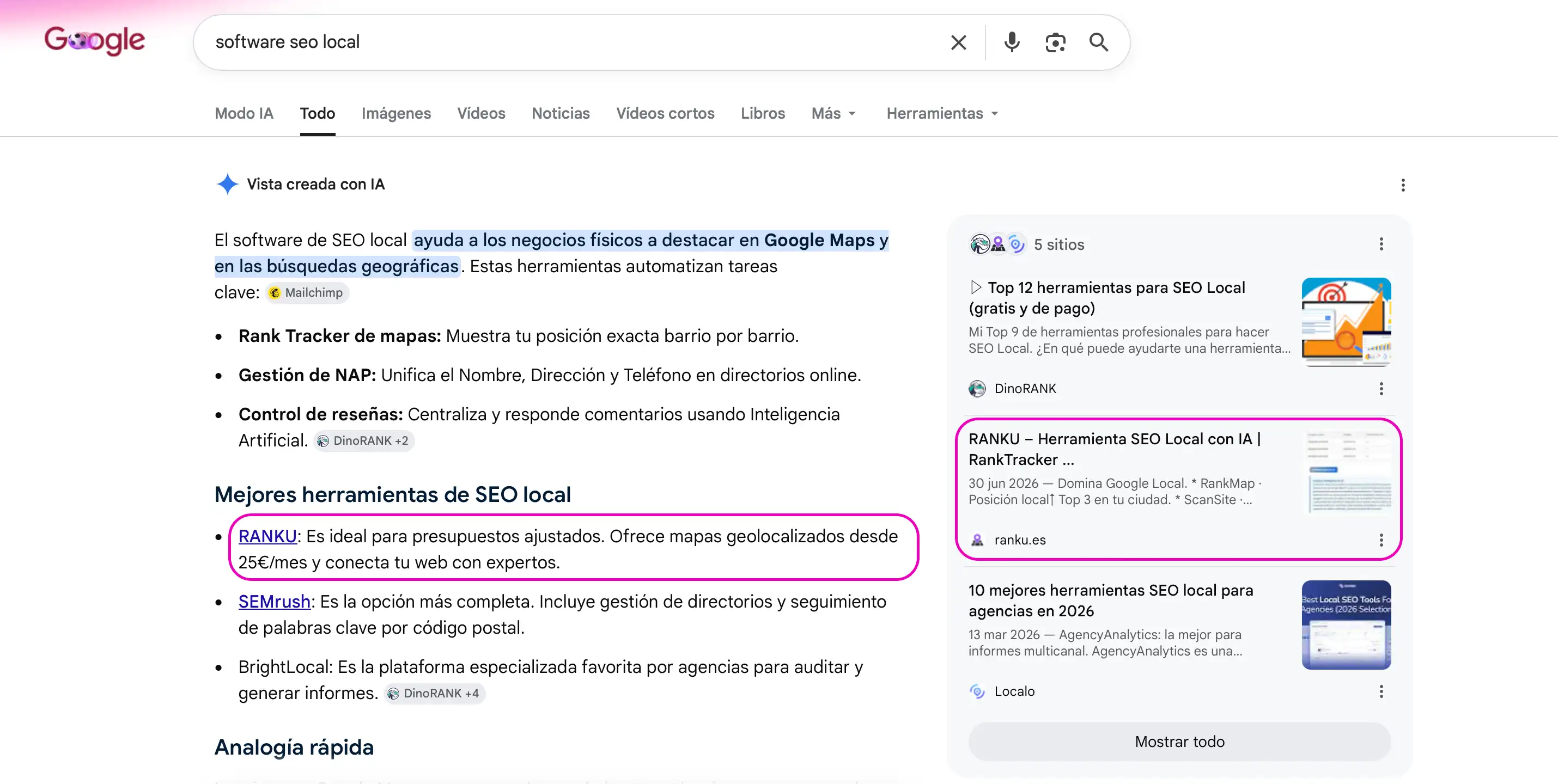 AI Overview de Google mostrando recomendaciones de software SEO local, con Ranku entre las opciones destacadas