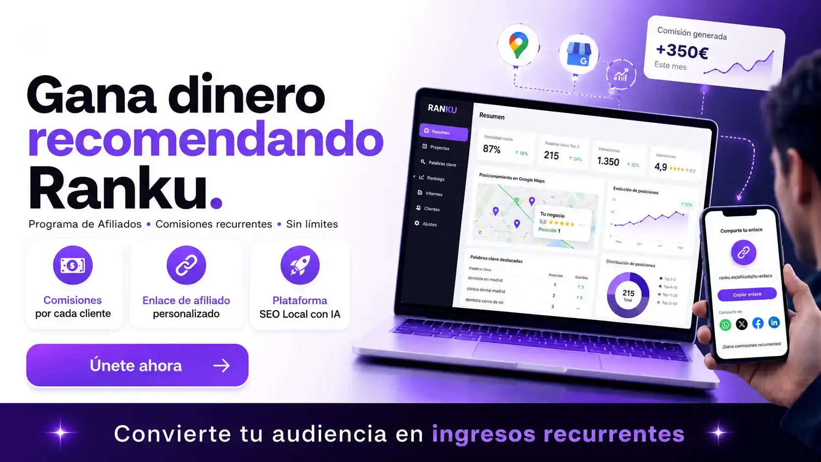 Programa de Afiliados de Ranku: gana comisiones recurrentes recomendando la herramienta de SEO local que ya usas