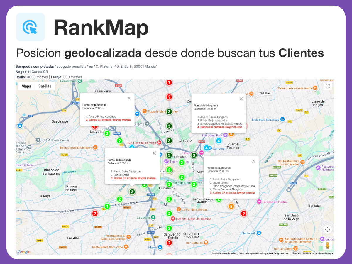 RankMap mostrando visibilidad hiperlocal para búsquedas cerca de mí
